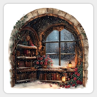 Fantasy winter starry night window Sticker